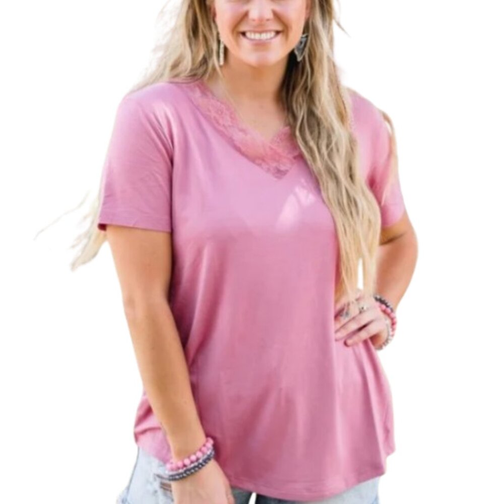 Crazy Train Mauve Very Fave Lace V-Neck Tee
